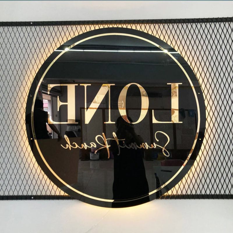 Acrylic Backlit Sign - Black Acrylic Sign With Gold Logo Gold Mirror Letter